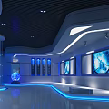 Modern High Tech Exhibition Hall Featuring Curved Design Blue Lighting Display Stands And Interactive Screens