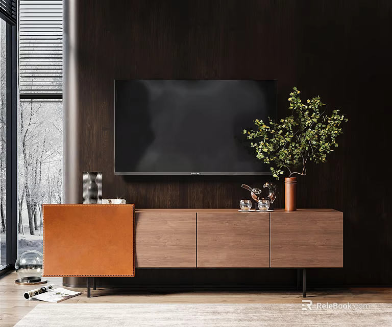 Dark Wood TV Stand With Wall Mounted TV Green Plant And Decorative Items 3d model 
