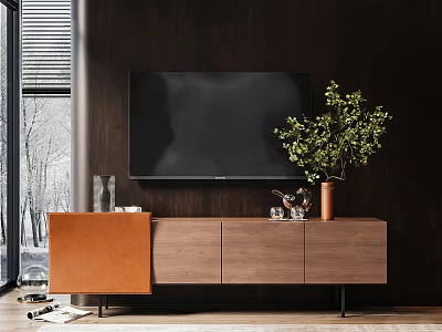 Dark Wood TV Stand With Wall Mounted TV Green Plant And Decorative Items 3d model