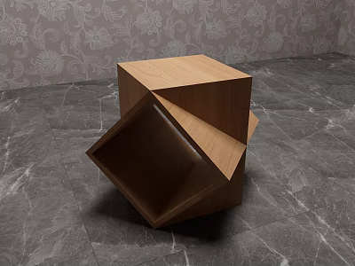 Modern Wooden Cube Coffee Table With Geometric Fold Design On Marble Floor And Patterned Wallpaper 3d model