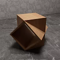 Modern Wooden Cube Coffee Table With Geometric Fold Design On Marble Floor And Patterned Wallpaper