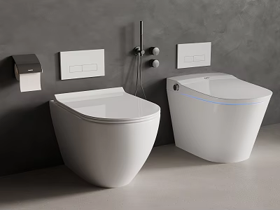 Modern White Smart Toilets In Bathroom With Gray Wall And Control Panels 3d model