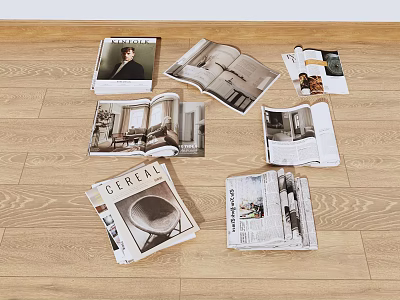 Open Interior Design Magazines With Home Photos Scattered On Wooden Floor 3d model