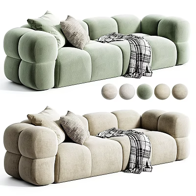 Light Green and Beige Two Seater Sofa with Pillows Plaid Blanket and Rounded Block Design 3d model