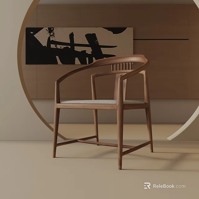 Modern Wooden Dining Chair With Curved Armrests Vertical Slat Back And Light Padded Seat 3d model 