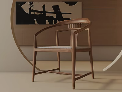 Modern Wooden Dining Chair With Curved Armrests Vertical Slat Back And Light Padded Seat 3d model