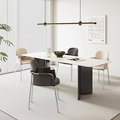Modern Rectangular Dining Table Set With Four Mixed Color Chairs Hanging Lamp And Green Plant 3d model