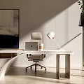 Modern Office Desk In Bright Interior With Leather Chair Laptop Table Lamp And Natural Light