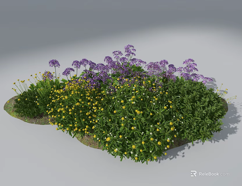 Vibrant Purple Flowers and Yellow Blooms in Lush Green Leafy Landscape 3d model 