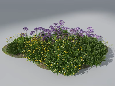 Vibrant Purple Flowers and Yellow Blooms in Lush Green Leafy Landscape 3d model