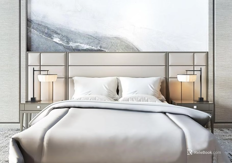 Double Bed With Grey Headboard White Pillows Grey Bedspread Nightstands Table Lamps Landscape Painting Background 3d model 