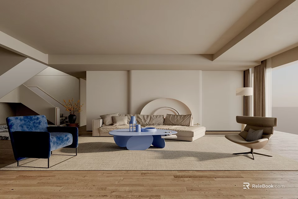 Minimalist Living Room Interior Design With Beige Sofa Blue Armchair And Round Coffee Table 3d model 