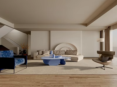 Minimalist Living Room Interior Design With Beige Sofa Blue Armchair And Round Coffee Table 3d model