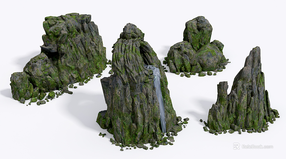 Natural Decorative Garden Ornaments Rock Features With Lush Moss And Small Waterfall 3d model 