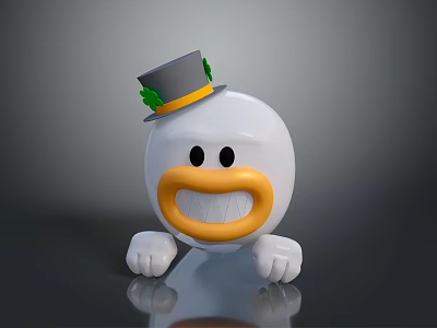 White Round Cartoon Character Gray Hat Green Decoration Yellow Band Orange Smiling Mouth White Hands 3d model