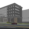 Modern Multi Story Office Building With Glass Windows And Street Scene Including Car And Pedestrians