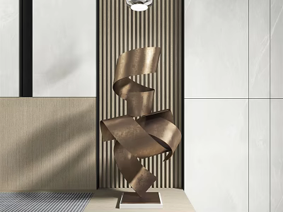 Copper Spiral Twisted Sculpture for Modern Indoor Decor with Vertical Striped Wall 3d model