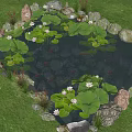 Garden Landscape with Heart Shaped Pond Lily Pads Lotus Flowers Koi Fish and Stone Surroundings