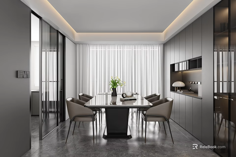 Modern Elegant Dining Room Interior Design With Dining Table Chairs And Green Plant 3d model 