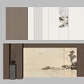 Elegant Background Wall Design With Wooden Panels Stone Texture And Landscape Art Decor