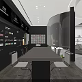 Modern Minimalist Retail Store Interior With Dark Display Cabinets Long Table And Recessed Lighting