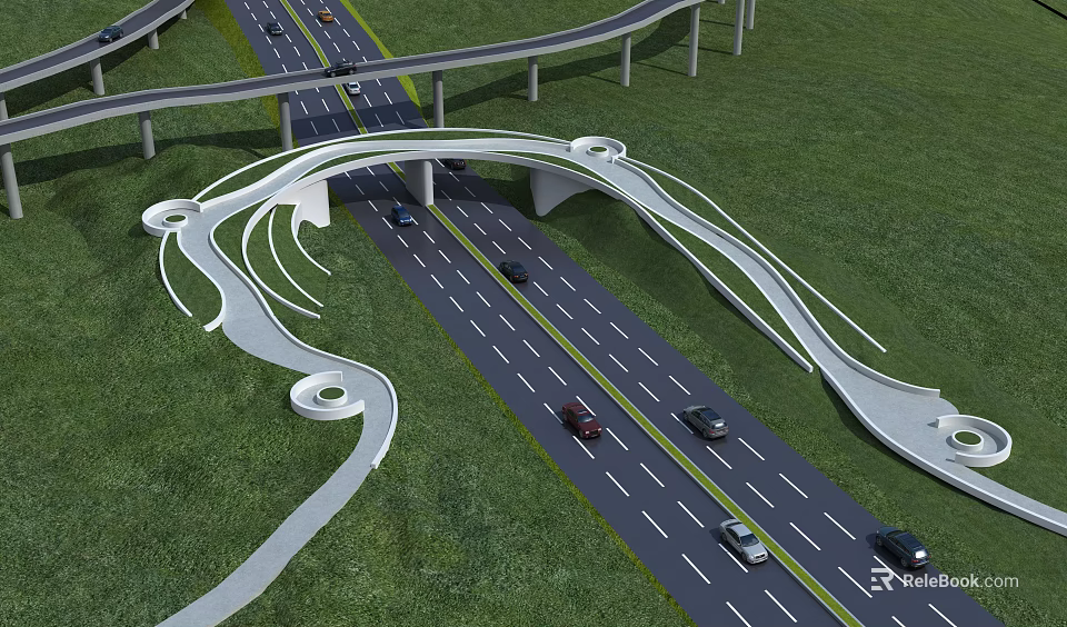 Modern Road Infrastructure Featuring Unique White Arch Bridge Vehicles And Green Grass On Highway 3d model 