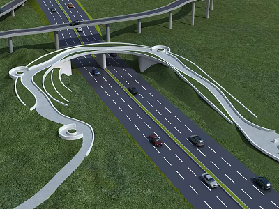 Modern Road Infrastructure Featuring Unique White Arch Bridge Vehicles And Green Grass On Highway 3d model