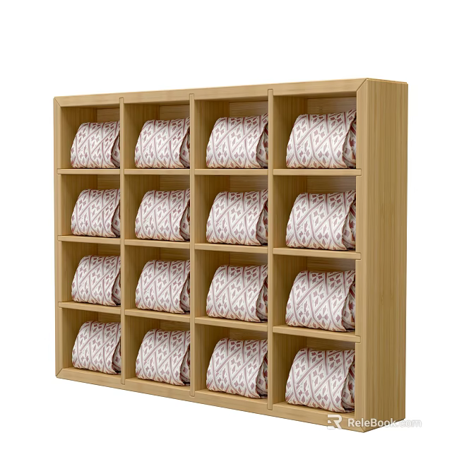 Wooden Display Shelf With Multiple Compartments For Patterned Rolled Fabrics Storage 3d model 