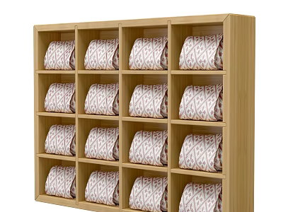 Wooden Display Shelf With Multiple Compartments For Patterned Rolled Fabrics Storage 3d model