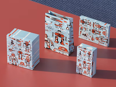 Decorative Ornament Set With Robot Pattern Box Designs Light Blue And Blue For Home Decor 3d model