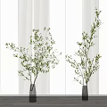 Two Transparent Vases With Slender Green Leaf Branches In Simple Modern Light Vertical Striped Background