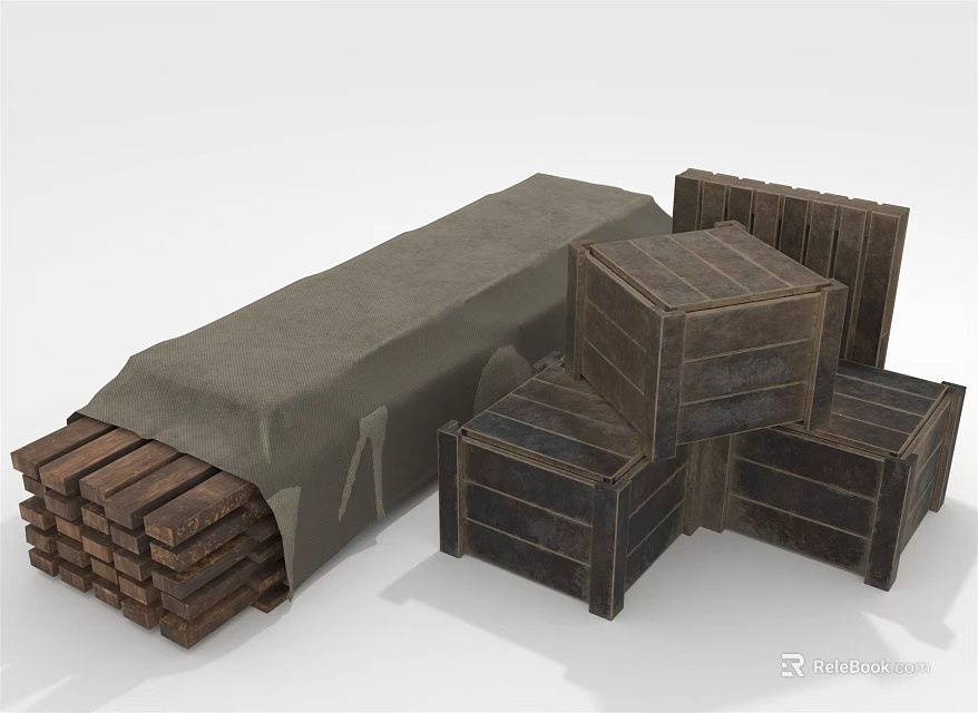 Wooden Crates Stacked With Covered Long Box And Wooden Slats 3d model 