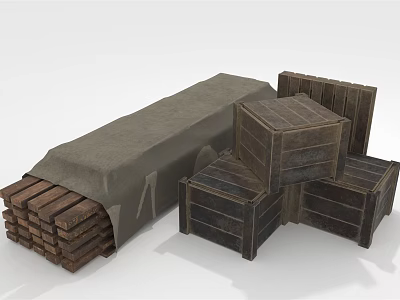Wooden Crates Stacked With Covered Long Box And Wooden Slats 3d model