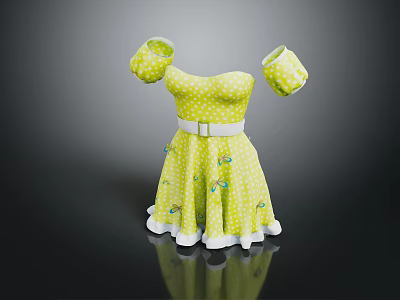 Yellow Polka Dot Dress With Short Sleeves White Belt And Ruffled Hem 3d model