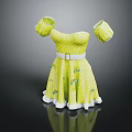 Yellow Polka Dot Dress With Short Sleeves White Belt And Ruffled Hem
