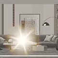 Modern Grey Sofa and Coffee Table Set with Pillows Decorative Painting and Floor Lamp