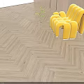 Elegant Herringbone Wood Floor Interior With Yellow Sofa And Potted Plant