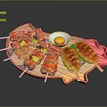 Grilled Assorted Meat And Vegetable Skewers With Yolk Sauce On Wooden Tray