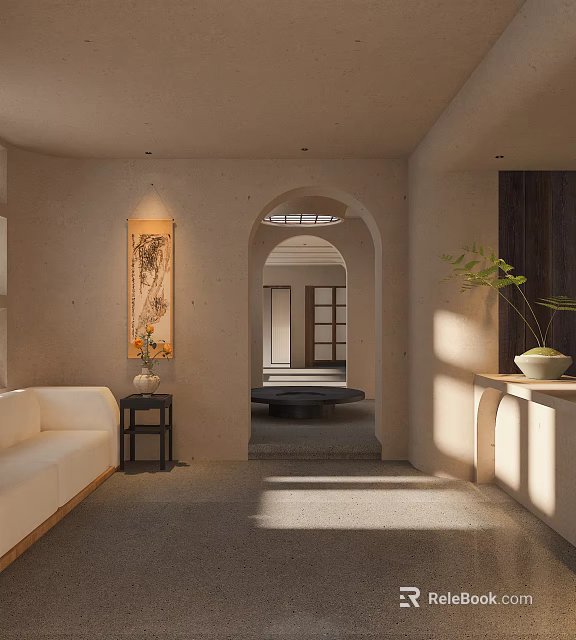 Minimalist Foyer Hallway Design With Arched Doorway Sofa And Artwork 3d model 