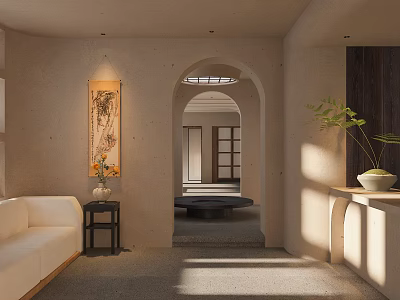 Minimalist Foyer Hallway Design With Arched Doorway Sofa And Artwork 3d model