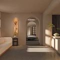 Minimalist Foyer Hallway Design With Arched Doorway Sofa And Artwork