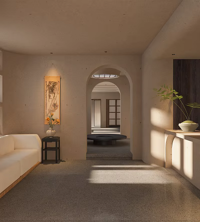 Minimalist Foyer Hallway Design With Arched Doorway Sofa And Artwork 3d model