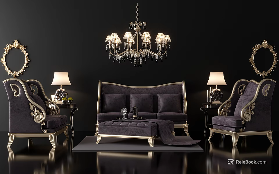 Luxurious Sofa and Coffee Table Set with Gold Accents Chandelier and Table Lamps 3d model 