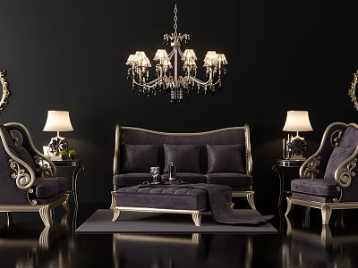 Luxurious Sofa and Coffee Table Set with Gold Accents Chandelier and Table Lamps 3d model