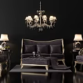Luxurious Sofa and Coffee Table Set with Gold Accents Chandelier and Table Lamps