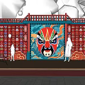 Chinese Style Photo Check in Spot With Red Wall Peking Opera Mask And Blue Archway