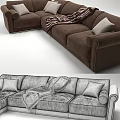 Brown Sectional Sofa Featuring White Cushions And Striped Blanket Details 3d model