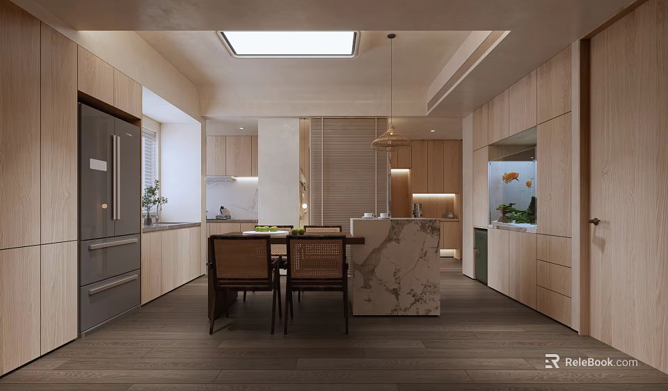 Modern Restaurant Interior With Wooden Cabinets Marble Island Dining Table Chairs Skylight And Pendant Light 3d model 