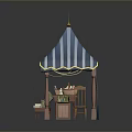 Modern Wooden Book Stall With Blue White Striped Canopy And Books