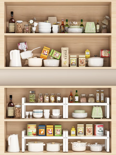 Organized Kitchen Shelves With Teapot Bowls Jars Bottles Plates And Toaster 3d model 
